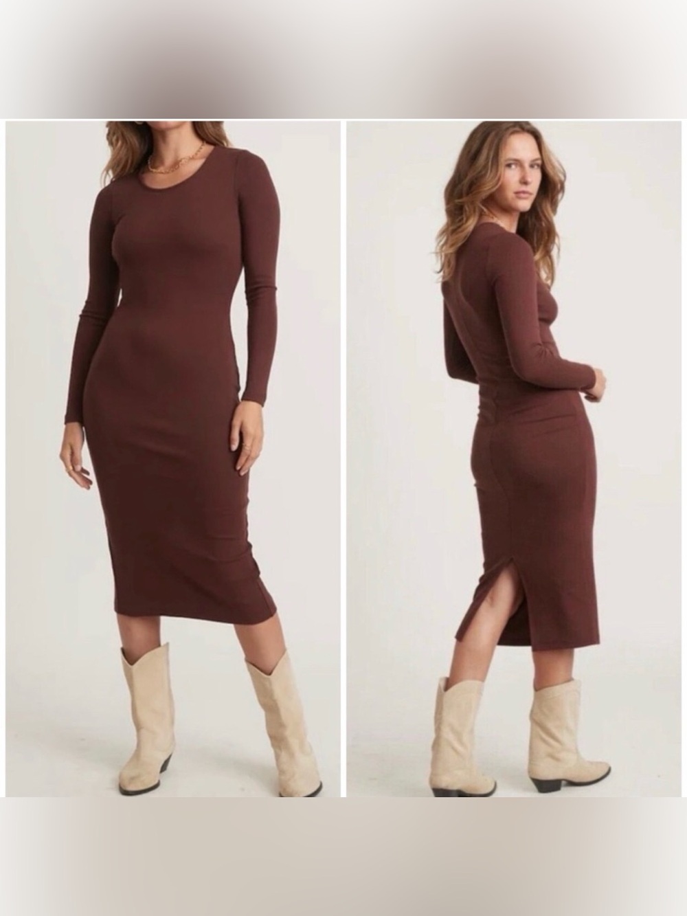 Marine Layer Lexi Rib Long Sleeve Midi Dress in Chocolate